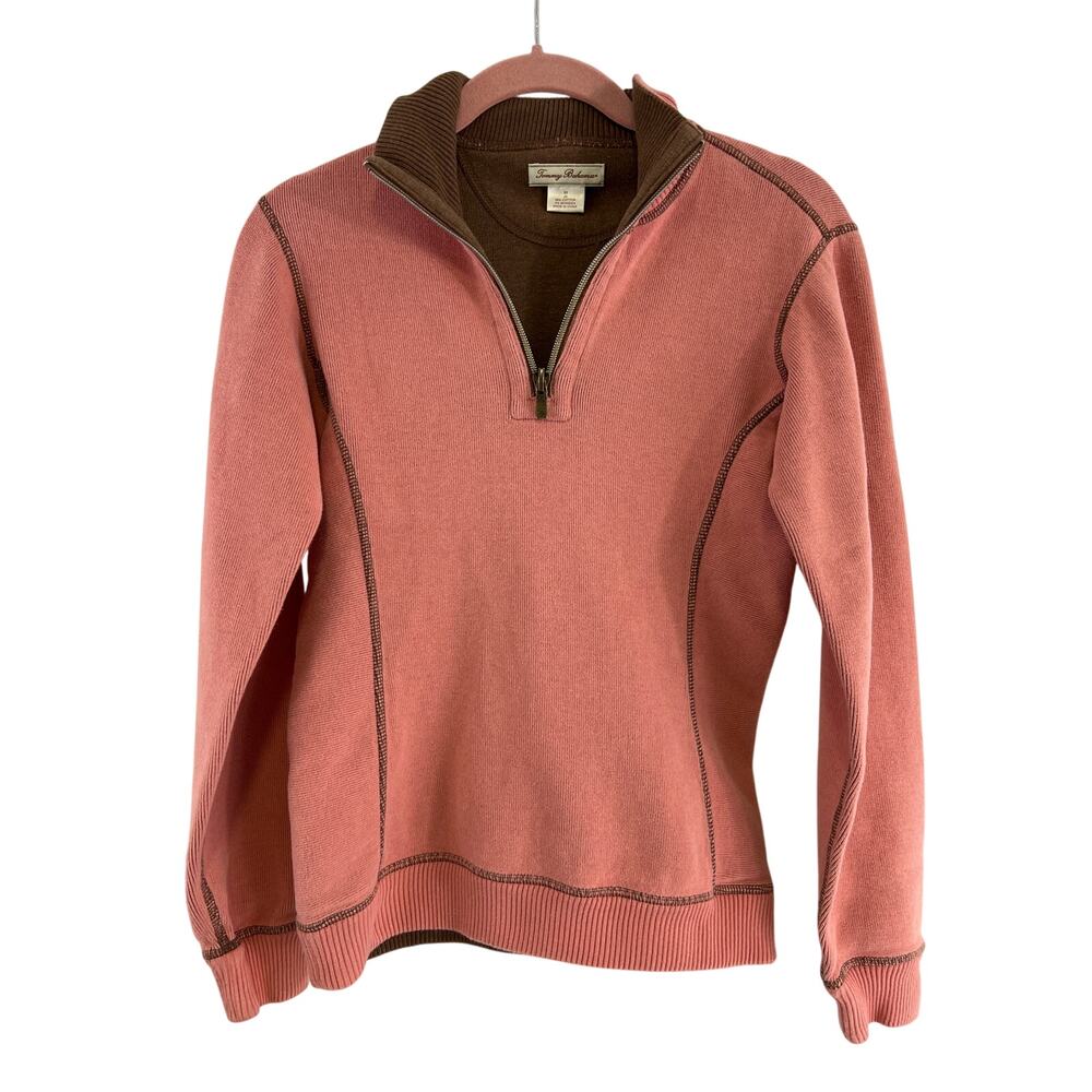 Tommy Bahama Pink/Brown Thick Contrasting Stitch Quarter Zip Pullover Size XS(2)